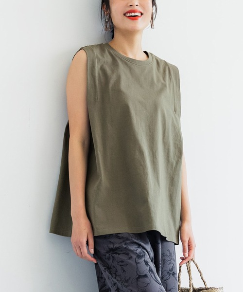 coca（coca）（コカ）の「USAコットン デザインノースリーブカットソー（タンクトップ・レディース・ホワイト/ブラック/カーキ/ライトベージュ・ONE SIZE）」の4枚目の写真