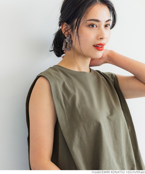 coca（coca）（コカ）の「USAコットン デザインノースリーブカットソー（タンクトップ・レディース・ホワイト/ブラック/カーキ/ライトベージュ・ONE SIZE）」の15枚目の写真