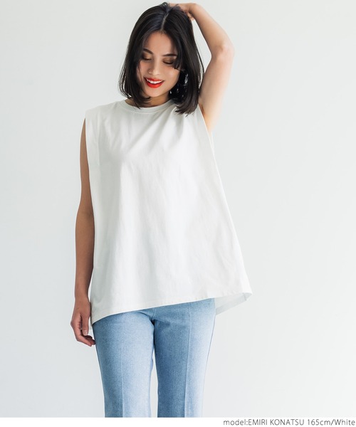 coca（coca）（コカ）の「USAコットン デザインノースリーブカットソー（タンクトップ・レディース・ホワイト/ブラック/カーキ/ライトベージュ・ONE SIZE）」の5枚目の写真