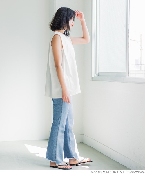 coca（coca）（コカ）の「USAコットン デザインノースリーブカットソー（タンクトップ・レディース・ホワイト/ブラック/カーキ/ライトベージュ・ONE SIZE）」の6枚目の写真