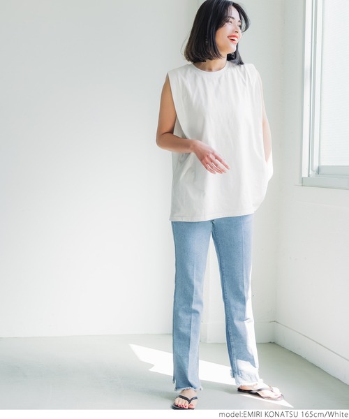 coca（coca）（コカ）の「USAコットン デザインノースリーブカットソー（タンクトップ・レディース・ホワイト/ブラック/カーキ/ライトベージュ・ONE SIZE）」の8枚目の写真