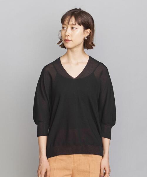 BEAUTY&YOUTH UNITED ARROWS（ビューティーアンドユースユナイテッドアローズ）の「BY ホールガーメント バックボリュームVネック6分袖ニット -ウォッシャブル-（ニット/セーター・レディース・ブラック/オフホワイト/ケリー・FREE）」の11枚目の写真