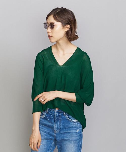 BEAUTY&YOUTH UNITED ARROWS（ビューティーアンドユースユナイテッドアローズ）の「BY ホールガーメント バックボリュームVネック6分袖ニット -ウォッシャブル-（ニット/セーター・レディース・ブラック/オフホワイト/ケリー・FREE）」の5枚目の写真