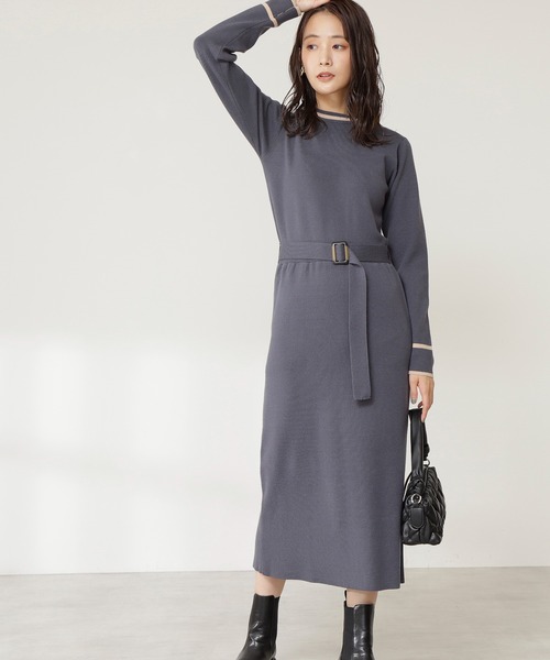 N.（N. Natural Beauty Basic）（エヌエヌナチュラルビューティーベーシック）の「≪◆配色ラインニットワンピース≫（ワンピース・レディース・グレイッシュブルー/チャコールグレー/ベージュ・MEDIUM）」の3枚目の写真