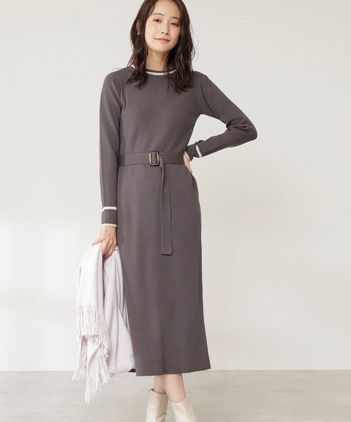 N.（N. Natural Beauty Basic）（エヌエヌナチュラルビューティーベーシック）の「≪◆配色ラインニットワンピース≫（ワンピース・レディース・グレイッシュブルー/チャコールグレー/ベージュ・MEDIUM）」の2枚目の写真