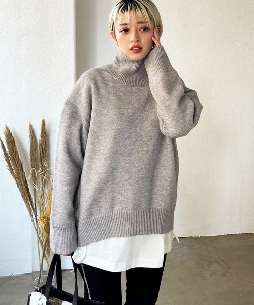 Shelly island(シェリーアイランド)の「ハイネックカラーニットプルオーバー(ニット/セーター・レディース・グレー/ピンク/オレンジ/ブルー/グリーン・FREE)」の2枚目の写真