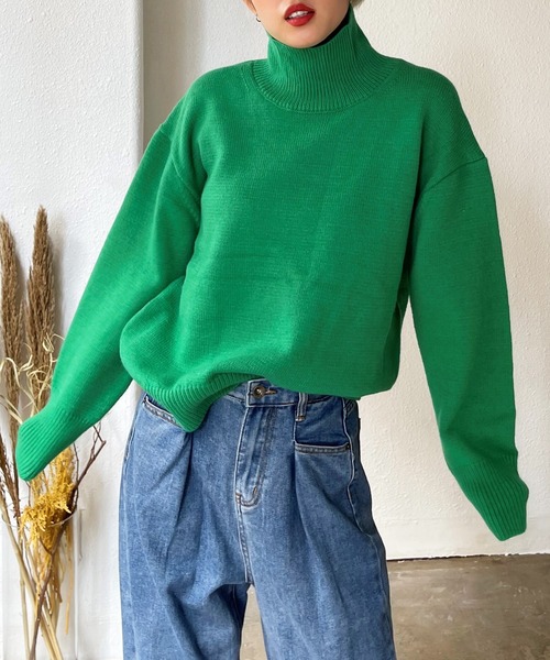 Shelly island(シェリーアイランド)の「ハイネックカラーニットプルオーバー(ニット/セーター・レディース・グレー/ピンク/オレンジ/ブルー/グリーン・FREE)」の9枚目の写真