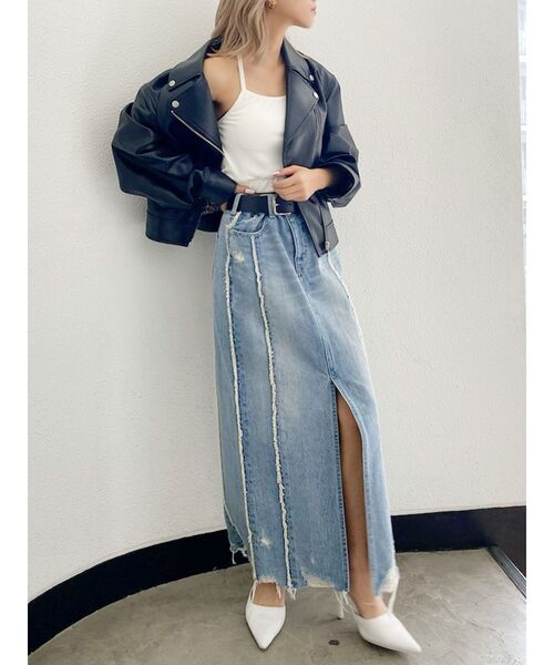 D&G フリンジデニムスカート ジェイダ GYDA switchingフリンジデニムロングスカート （ブルー