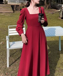 スクエアネック パワショルダー ロングワンピース
