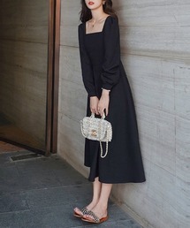 スクエアネック パワショルダー ロングワンピース