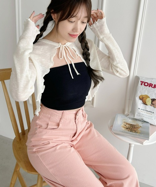 Loueme（ルエム）の「フロントリボンメロウショートカーディガン（カーディガン/ボレロ・レディース・ホワイト/ブラック/アイボリー/ピンク/ライトブルー・FREE）」の11枚目の写真