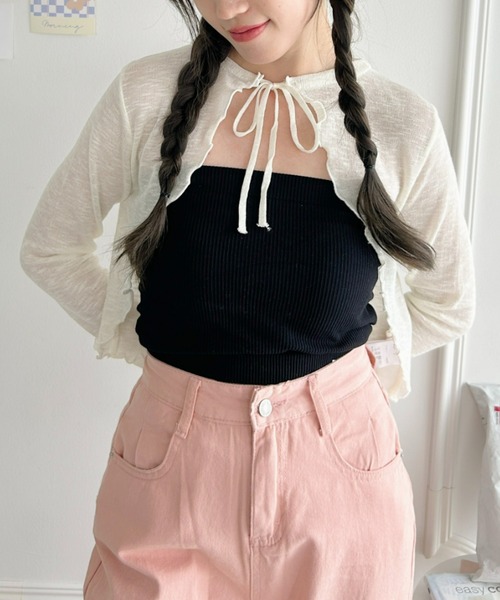 Loueme（ルエム）の「フロントリボンメロウショートカーディガン（カーディガン/ボレロ・レディース・ホワイト/ブラック/アイボリー/ピンク/ライトブルー・FREE）」の12枚目の写真