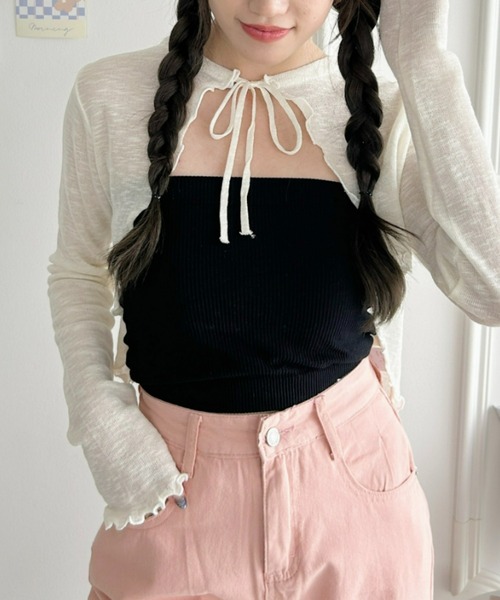 Loueme（ルエム）の「フロントリボンメロウショートカーディガン（カーディガン/ボレロ・レディース・ホワイト/ブラック/アイボリー/ピンク/ライトブルー・FREE）」の13枚目の写真