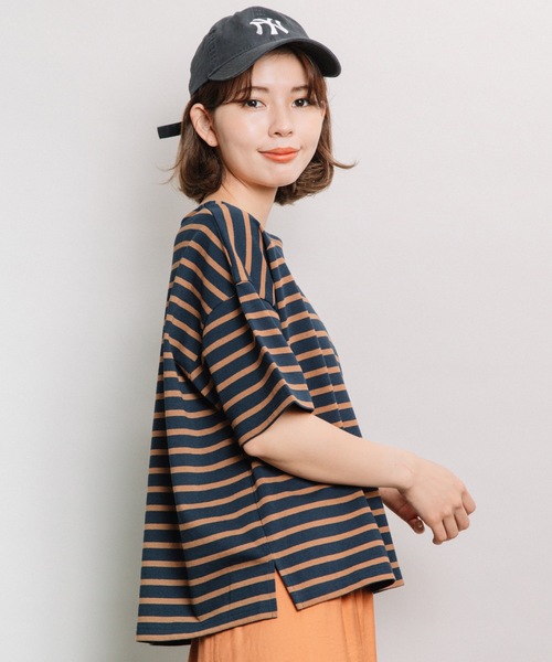 refinedworks（リファインドワークス）の「ボーダースクエアネックT（Tシャツ/カットソー・レディース・ネイビー/オフホワイト/オレンジ・FREE）」の2枚目の写真