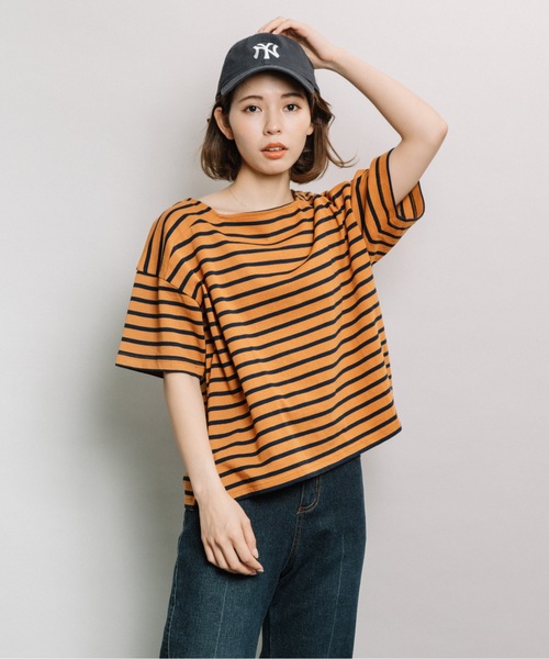 refinedworks（リファインドワークス）の「ボーダースクエアネックT（Tシャツ/カットソー・レディース・ネイビー/オフホワイト/オレンジ・FREE）」の3枚目の写真