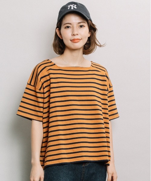 refinedworks（リファインドワークス）の「ボーダースクエアネックT（Tシャツ/カットソー・レディース・ネイビー/オフホワイト/オレンジ・FREE）」の4枚目の写真