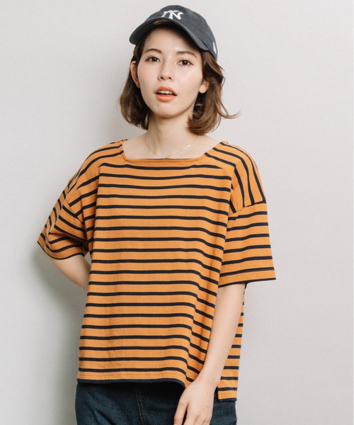 refinedworks（リファインドワークス）の「ボーダースクエアネックT（Tシャツ/カットソー・レディース・ネイビー/オフホワイト/オレンジ・FREE）」の5枚目の写真