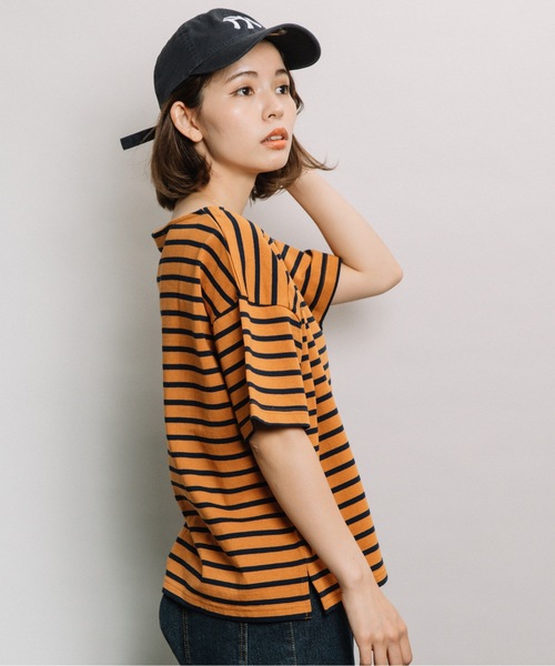 refinedworks（リファインドワークス）の「ボーダースクエアネックT（Tシャツ/カットソー・レディース・ネイビー/オフホワイト/オレンジ・FREE）」の7枚目の写真