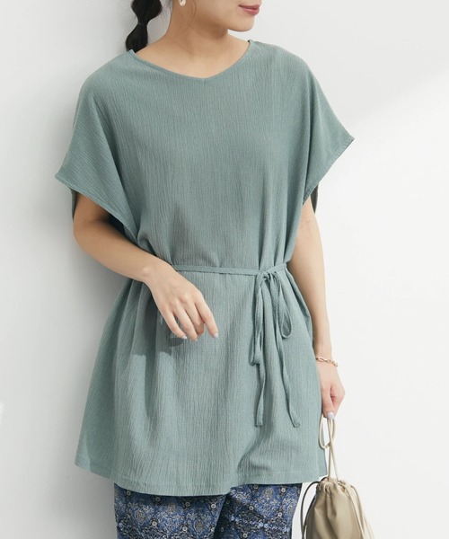 Green Parks(グリーンパークス)の「2Way リボン付楊柳チュニック(Tシャツ/カットソー・レディース・グリーン/ダークグレー/ホワイト系その他2・FREE)」の2枚目の写真