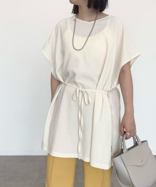 Green Parks(グリーンパークス)の「2Way リボン付楊柳チュニック(Tシャツ/カットソー・レディース・グリーン/ダークグレー/ホワイト系その他2・FREE)」の3枚目の写真