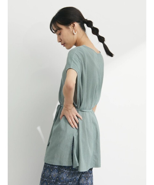 Green Parks(グリーンパークス)の「2Way リボン付楊柳チュニック(Tシャツ/カットソー・レディース・グリーン/ダークグレー/ホワイト系その他2・FREE)」の4枚目の写真
