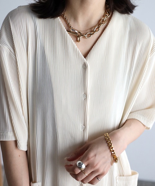 ap retro（アプレトロ）の「【_____m.weコラボ】プリーツブラウスカーディガン（シャツ/ブラウス・レディース・ブラック/アイボリー/ホワイト×ブラック・FREE）」の14枚目の写真