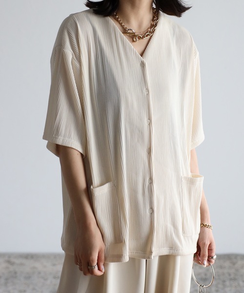 ap retro（アプレトロ）の「【_____m.weコラボ】プリーツブラウスカーディガン（シャツ/ブラウス・レディース・ブラック/アイボリー/ホワイト×ブラック・FREE）」の5枚目の写真