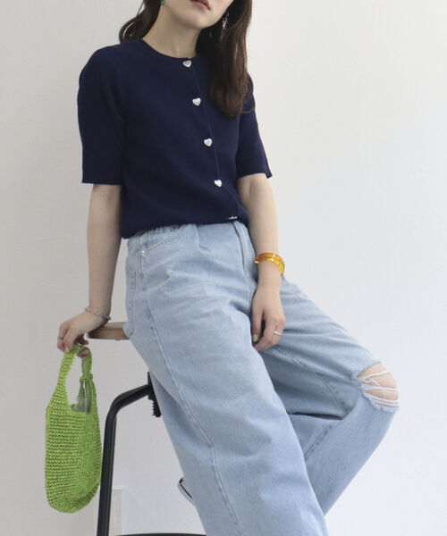 fredy emue（フレディエミュ）の「ハートボタン 半袖カーディガン（カーディガン/ボレロ・レディース・ライトグレー/ブラック/ベージュ/パープル/ネイビー/カーキ・38）」の18枚目の写真