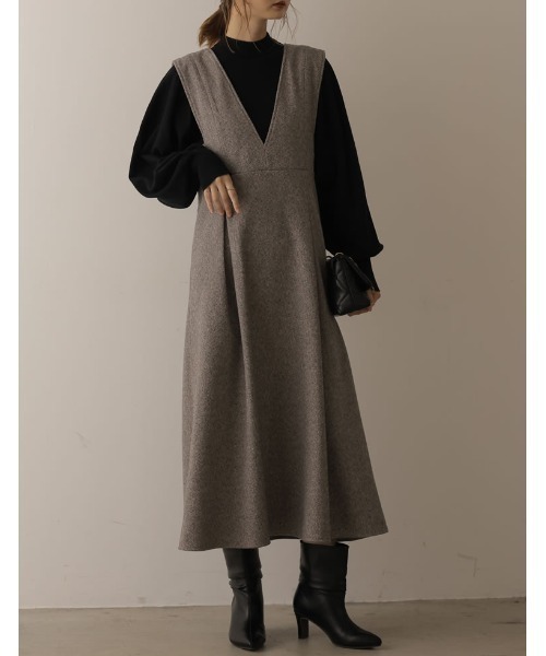 Re:EDIT（リエディ）の「[2022A/W COLLECTION][低身長/高身長サイズ有]ツイード調タックフレアジャンパースカート（ジャンパースカート・レディース・ブラウン系その他/ブラック系その他/ブラック・SHORT/MEDIUM/LARGE/TALL）」の8枚目の写真