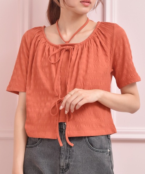 ems excite(エムズエキサイト)の「【セットアイテム】Wリボンカーデ゛SET(Tシャツ/カットソー・レディース・ブラック/オレンジ/ナチュラル・FREE)」の3枚目の写真