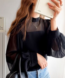 【mily bilet】即、ドラマティック。バルーンスリーブハイネック楊柳シアー素材ブラウス
