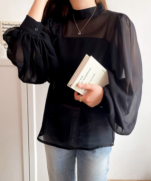 【milybilet】即、ドラマティック。バルーンスリーブハイネック楊柳シアー素材ブラウス