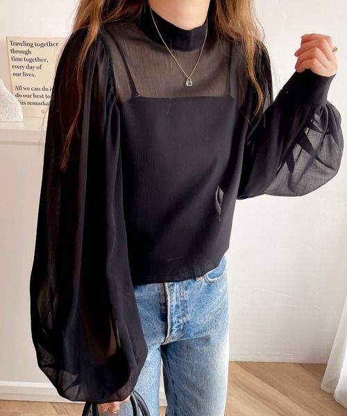 【milybilet】即、ドラマティック。バルーンスリーブハイネック楊柳シアー素材ブラウス