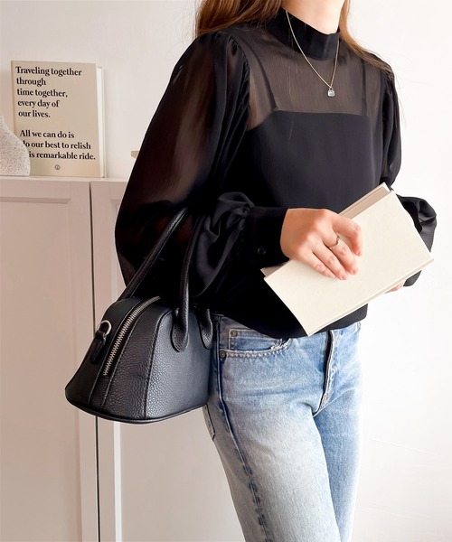 【milybilet】即、ドラマティック。バルーンスリーブハイネック楊柳シアー素材ブラウス