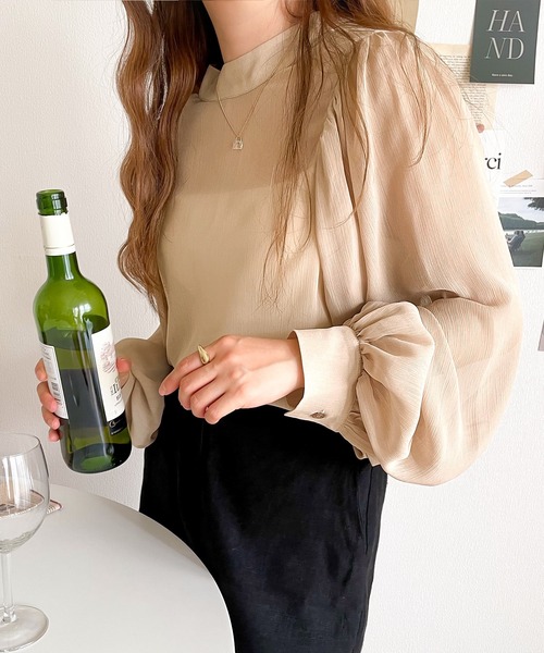 【milybilet】即、ドラマティック。バルーンスリーブハイネック楊柳シアー素材ブラウス