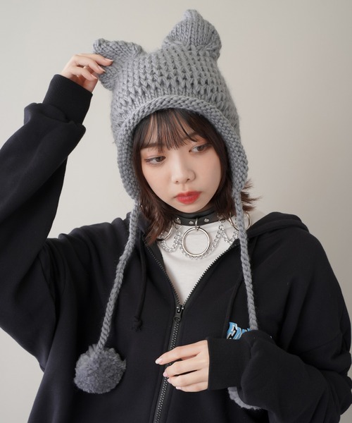 SPINNS（スピンズ）の「ボンボン付き ねこ耳 ニットキャップ（ニット