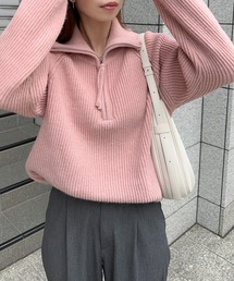 ハーフジップリブニットトップス