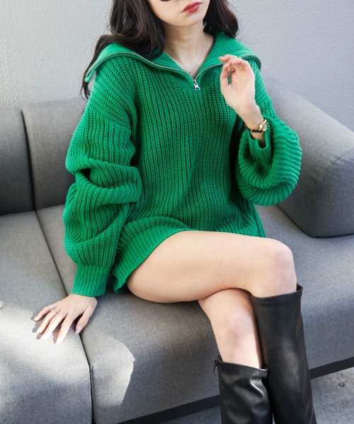 OLUPIC（オルピック）の「OLUPUC/【WEB限定】ハーフZIPボリュームスリーブニット（ニット/セーター・レディース・ケリー/ダークグレー/ベージュ/ブラック/ピンク/アイボリー・FREE）」の5枚目の写真