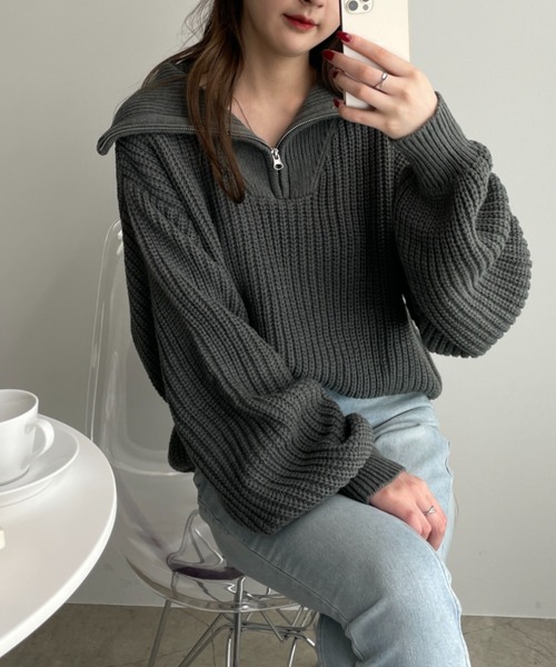 OLUPIC（オルピック）の「OLUPUC/【WEB限定】ハーフZIPボリュームスリーブニット（ニット/セーター・レディース・ケリー/ダークグレー/ベージュ/ブラック/ピンク/アイボリー・FREE）」の4枚目の写真