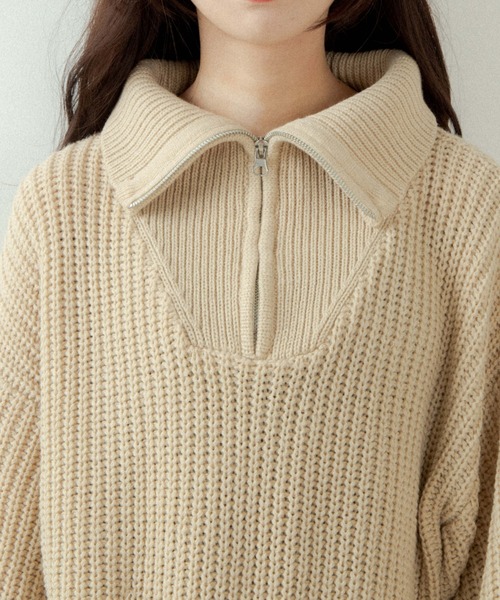 OLUPIC（オルピック）の「OLUPUC/【WEB限定】ハーフZIPボリュームスリーブニット（ニット/セーター・レディース・ケリー/ダークグレー/ベージュ/ブラック/ピンク/アイボリー・FREE）」の8枚目の写真