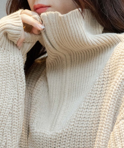 OLUPIC（オルピック）の「OLUPUC/【WEB限定】ハーフZIPボリュームスリーブニット（ニット/セーター・レディース・ケリー/ダークグレー/ベージュ/ブラック/ピンク/アイボリー・FREE）」の7枚目の写真