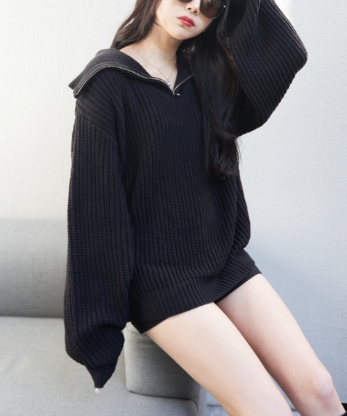 OLUPIC（オルピック）の「OLUPUC/【WEB限定】ハーフZIPボリュームスリーブニット（ニット/セーター・レディース・ケリー/ダークグレー/ベージュ/ブラック/ピンク/アイボリー・FREE）」の12枚目の写真