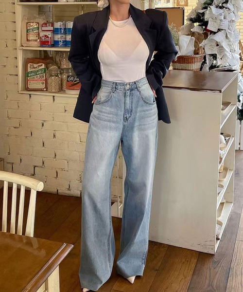 meJane(ミージェーン)の「ハートライン抜染ワイドデニムパンツ(デニムパンツ・レディース・ブルー・S/M/L)」の7枚目の写真