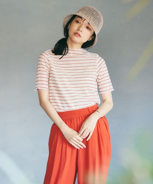 FREAK'S STORE（フリークスストア）の「シアーボーダーショートスリーブTシャツ（Tシャツ/カットソー・レディース・ブラック/ピンク/オレンジ・ﾌﾘ-）」の2枚目の写真