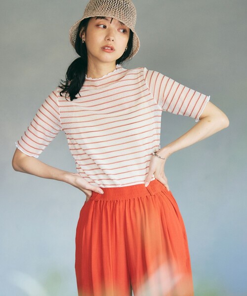 FREAK'S STORE（フリークスストア）の「シアーボーダーショートスリーブTシャツ（Tシャツ/カットソー・レディース・ブラック/ピンク/オレンジ・ﾌﾘ-）」の4枚目の写真