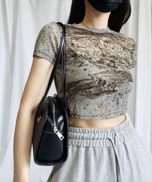 me+em select（ミームセレクト）の「ニュアンスマーブル半袖シースルーＴシャツ 【韓国製】（Tシャツ/カットソー・レディース）」