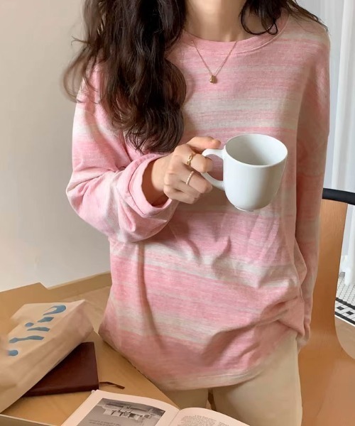almo(アルモ)の「マルチボーダーBIGロンT(BEY)(Tシャツ/カットソー・レディース・ブルー/オリーブ/ピンク/ブラック・MEDIUM/LARGE)」の1枚目の写真