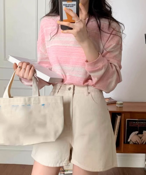 almo(アルモ)の「マルチボーダーBIGロンT(BEY)(Tシャツ/カットソー・レディース・ブルー/オリーブ/ピンク/ブラック・MEDIUM/LARGE)」の14枚目の写真