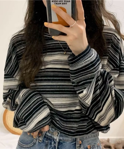almo(アルモ)の「マルチボーダーBIGロンT(BEY)(Tシャツ/カットソー・レディース・ブルー/オリーブ/ピンク/ブラック・MEDIUM/LARGE)」の21枚目の写真