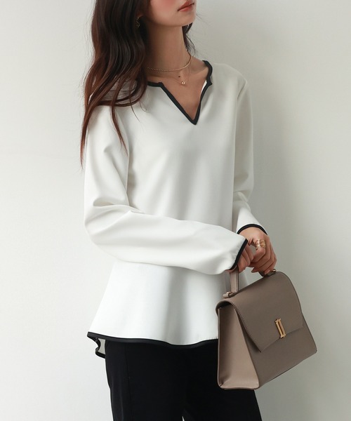 SAISON DE PAPILLON（セゾンドパピヨン）の「キーネックペプラムトップス（Tシャツ/カットソー・レディース・ベージュ/ブラック/ホワイト・M/L）」の11枚目の写真